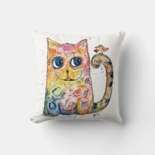 Cute Whimsical Happy Cat with Bird Cushion