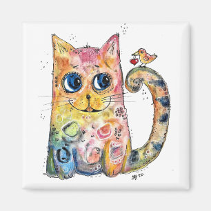 Cute Whimsical Happy Cat with Bird Magnet
