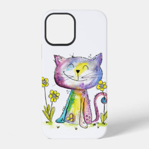 Cute Whimsical Happy Cat with Yellow Flower iPhone 12 Case