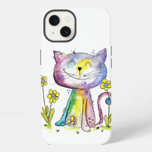 Cute Whimsical Happy Cat with Yellow Flower iPhone 13 Case