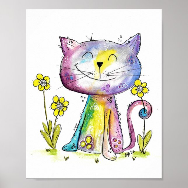 Cute Whimsical Happy Cat with Yellow Flower Poster (Front)