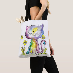 Cute Whimsical Happy Cat with Yellow Flower Tote Bag