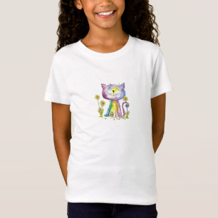 Cute Whimsical Happy Cat with Yellow Flowers T-Shirt