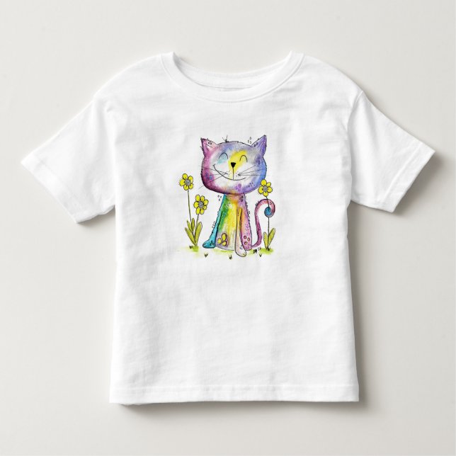 Cute Whimsical Happy Cat with Yellow Flowers Toddler T-Shirt (Front)