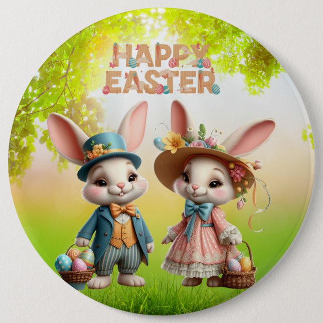 Cute, Whimsical Happy Easter with 2 rabbits 6 Cm Round Badge (Front)