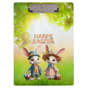 Cute, Whimsical Happy Easter with 2 rabbits Clipboard