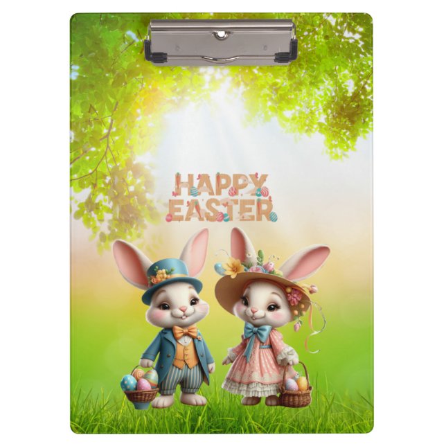 Cute, Whimsical Happy Easter with 2 rabbits Clipboard (Front)
