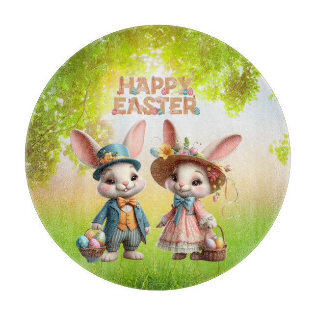 Cute, Whimsical Happy Easter with 2 rabbits Cutting Board (Front)