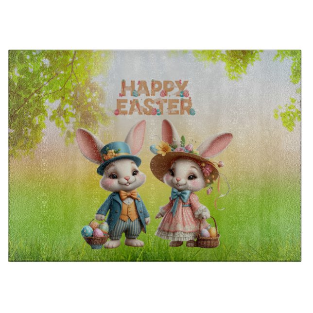 Cute, Whimsical Happy Easter with 2 rabbits Cutting Board (Front)