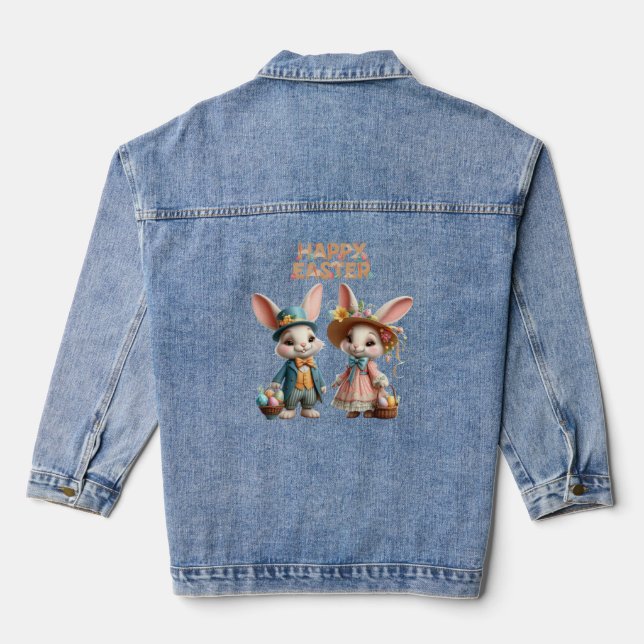 Cute, Whimsical Happy Easter with 2 rabbits Denim Jacket (Back)