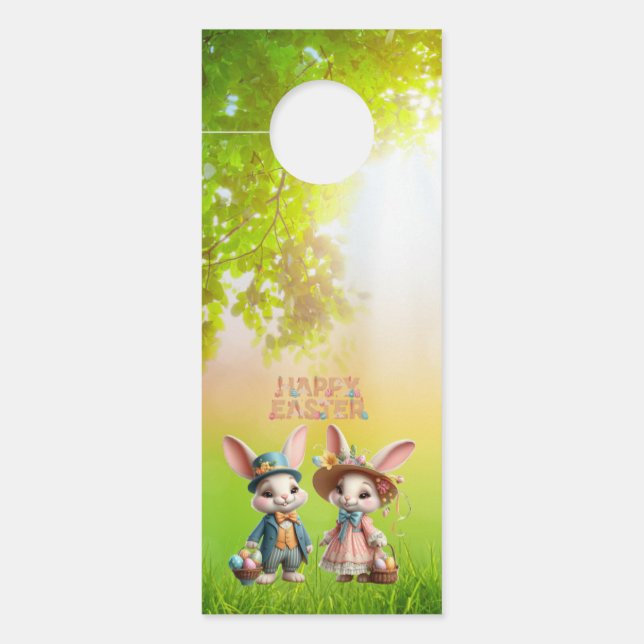 Cute, Whimsical Happy Easter with 2 rabbits Door Hanger (Front)