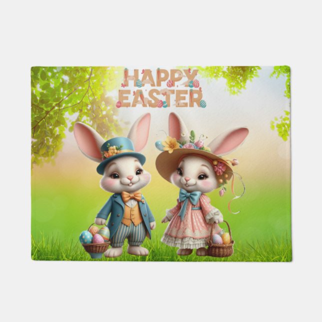 Cute, Whimsical Happy Easter with 2 rabbits Doormat (Front)