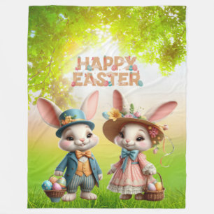 Cute, Whimsical Happy Easter with 2 rabbits Fleece Blanket