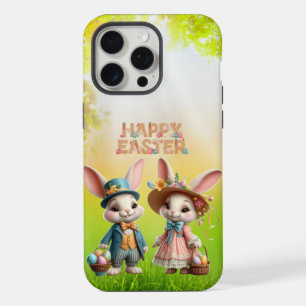 Cute, Whimsical Happy Easter with 2 rabbits iPhone 15 Pro Max Case