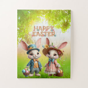 Cute, Whimsical Happy Easter with 2 rabbits Jigsaw Puzzle