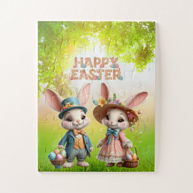 Cute, Whimsical Happy Easter with 2 rabbits Jigsaw Puzzle (Vertical)