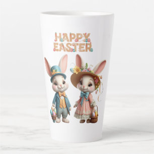 Cute, Whimsical Happy Easter with 2 rabbits Latte Mug