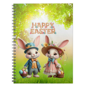 Cute, Whimsical Happy Easter with 2 rabbits Notebook