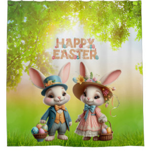 Cute, Whimsical Happy Easter with 2 rabbits Shower Curtain