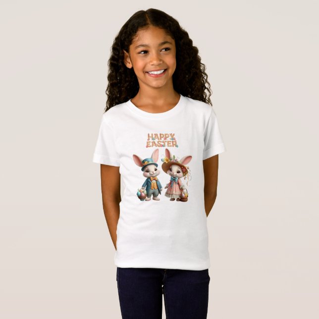Cute, Whimsical Happy Easter with 2 rabbits T-Shirt (Front Full)