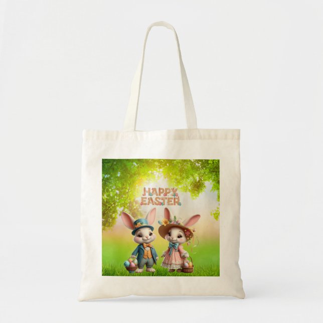 Cute, Whimsical Happy Easter with 2 rabbits Tote Bag (Front)