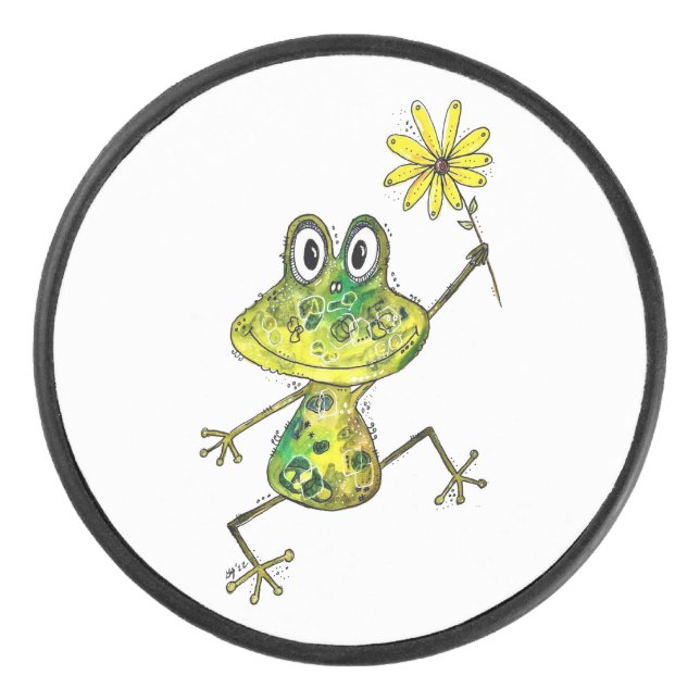 Cute Whimsical Happy Frog Hockey Puck (Front)