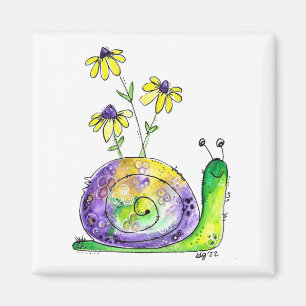 Cute Whimsical Happy Snail with Yellow Flowers Magnet