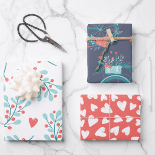Cute Whimsical Hearts Flowers Pattern Navy Blue Wrapping Paper Sheet