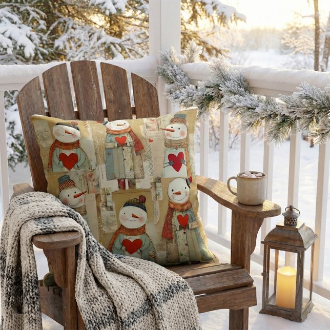 Cute Whimsical Hearts Snowman Winter Cushion (Pillow showing cute illustrations of snowmen with warm red hearts. With lovely earth tones)