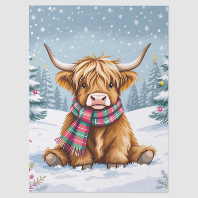 Cute Whimsical Highland Cow Christmas Tissue Paper (Front)