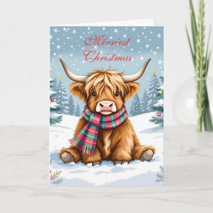 Cute Whimsical Highland Cow Personalised Christmas Card