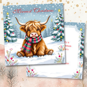 Cute Whimsical Highland Cow Personalised Christmas Card