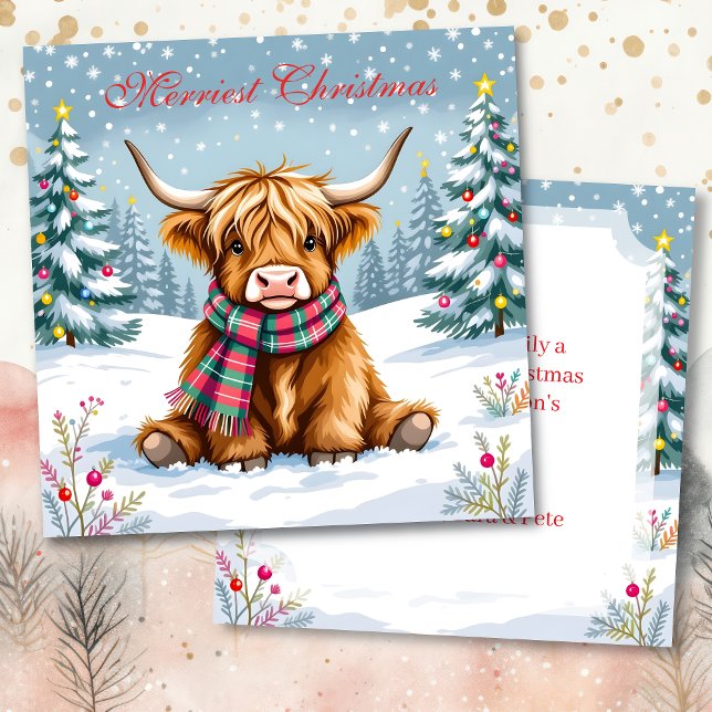 Cute Whimsical Highland Cow Personalised Christmas Card (Creator Uploaded)