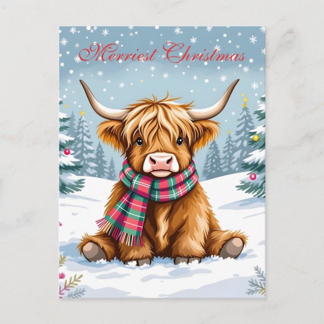 Cute Whimsical Highland Cow Personalised Christmas Postcard (Front)