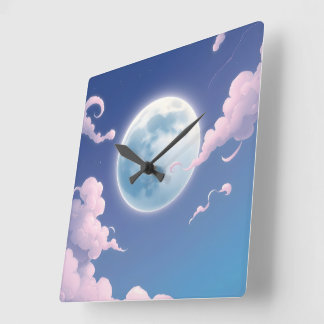 Cute whimsical illustration of moon in night sky square wall clock