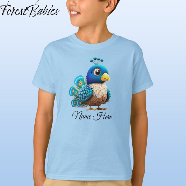 Cute Whimsical Kid's Peacock Bird Cartoon Graphic T-Shirt (Peacock, Blue Customizable ForestBabies T-shirt - Front)