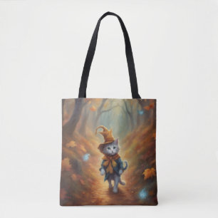 Cute whimsical kitten on a Fall Day Tote Bag