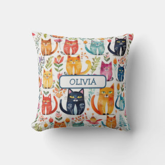 Cute Whimsical Kittens and Flowers Cushion