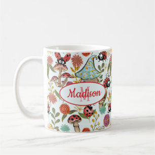 Cute Whimsical Ladybugs Mushrooms Flowers Monogram Coffee Mug
