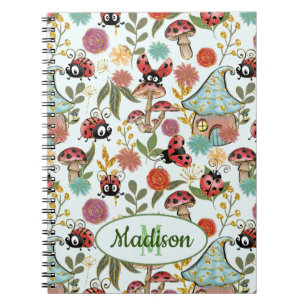 Cute Whimsical Ladybugs Mushrooms Flowers Monogram Notebook