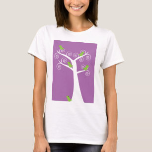 Cute Whimsical Lime Green Birds Swirl Tree Purple T-Shirt