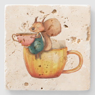 Cute Whimsical Little Squirrel on a Teacup Stone Coaster