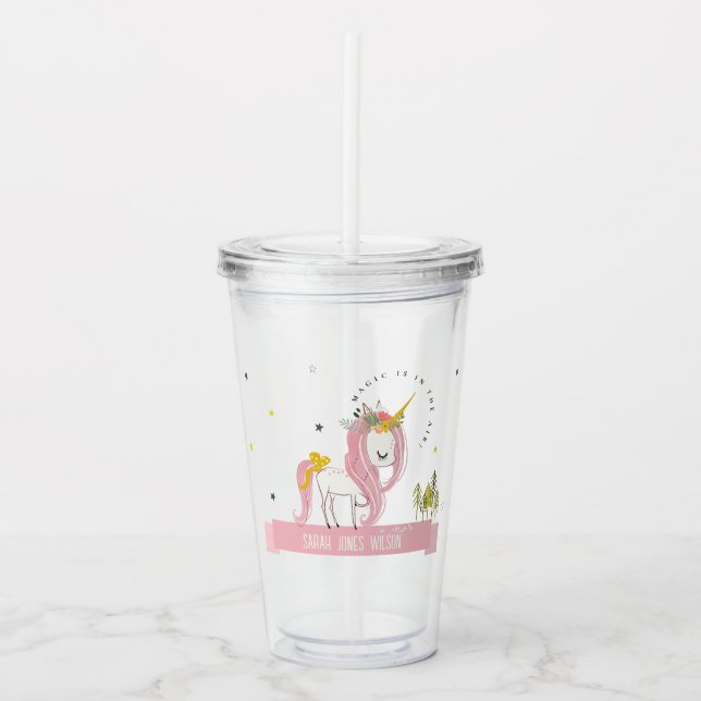 Cute Whimsical Magical Unicorn Pink Princess Kids Acrylic Tumbler (Front)