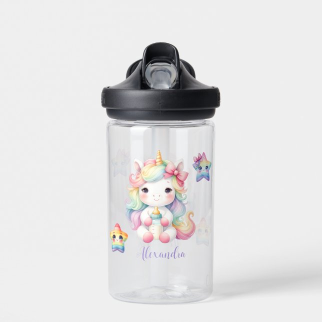Cute Whimsical Magical Unicorn Pink Princess Kids Water Bottle (Front)