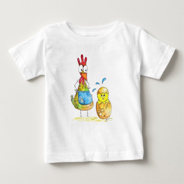 Cute Whimsical Mama Chicken with Baby Baby T-Shirt (Front)