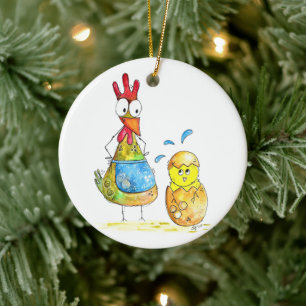 Cute Whimsical Mama Chicken with Baby Ceramic Tree Decoration