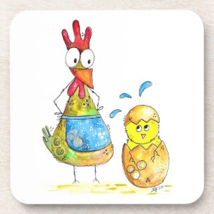 Cute Whimsical Mama Chicken with Baby Coaster