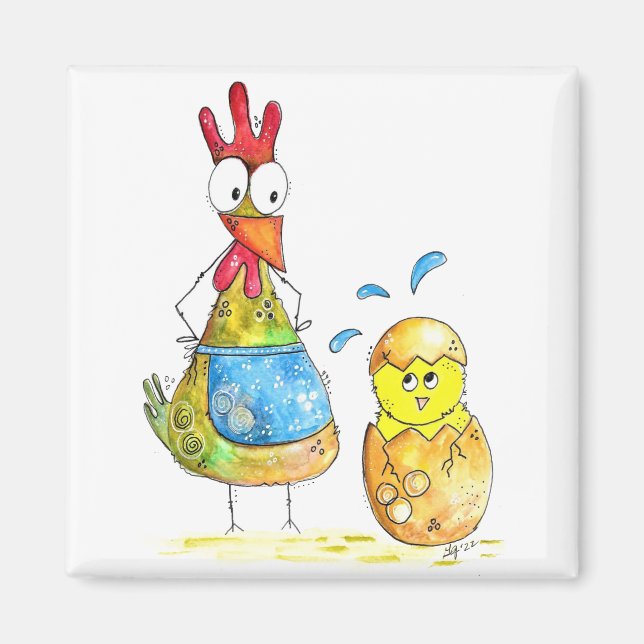 Cute Whimsical Mama Chicken with Baby Magnet (Front)