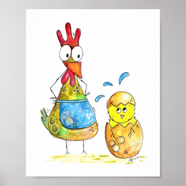 Cute Whimsical Mama Chicken with Baby Poster (Front)