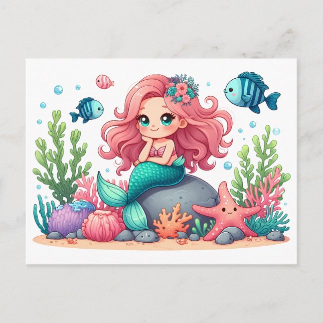 Cute Whimsical Mermaid And Fish Friends Scene Postcard (Front)